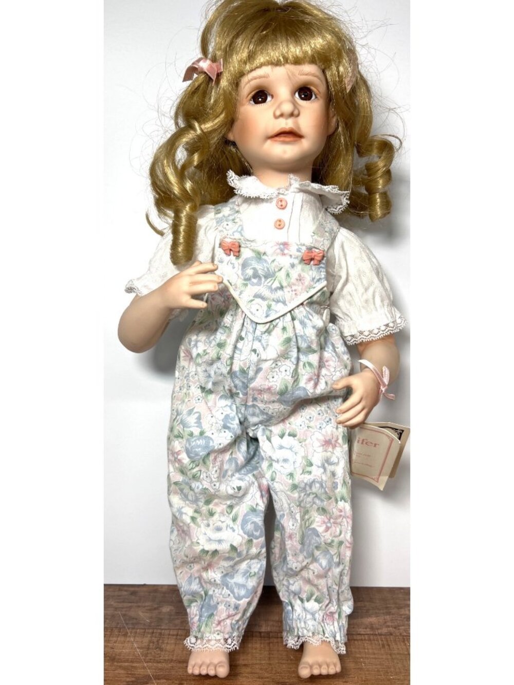 Jennifer Hamilton Collection Porcelain Doll With Blonde Curls Floral Overalls